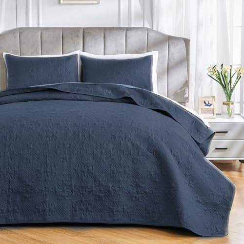 Qucover Tagesdecke 220x240 Blau, Ultra Weiche Tagesdecke Bettüberwurf, Bedspreads aus Mikrofaser, Steppdecke bei Ultraschall genäht mit 2 Kissenbezügen, Sofa Überwurfdecke Wohndecke für Bett