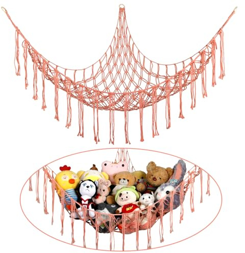 Stuffed Animal Hammock Corner, Hand-knitted Large Plushie Net Toy Hammock with Wooden Rings | Boho Cute Stuff Animal Storage for Nursery & Bedroom | Mesh Kids Toy Organizer Holder Nursery Room Decor