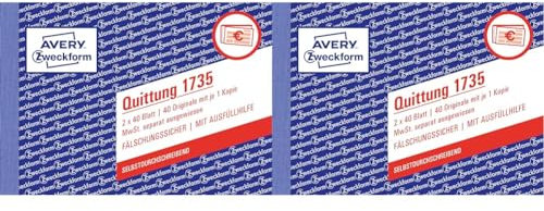 AVERY Zweckform 1735 Quittungsblock (A6 quer, 2x40 Blatt, mit Durchschlag, fälschungssicher, separat ausgewiesene MwSt., für Deutschland und Österreich) weiß/gelb (Packung mit 2)