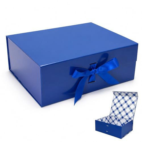 Tekhoho Caja de Regalos Grande Azul 33.5x27x12.5 cm, Caja de Regalos Premium con Tapa MagnéTica y Cinta para Embalaje de Regalos de Bodas y CumpleañOs, Forro a Cuadros