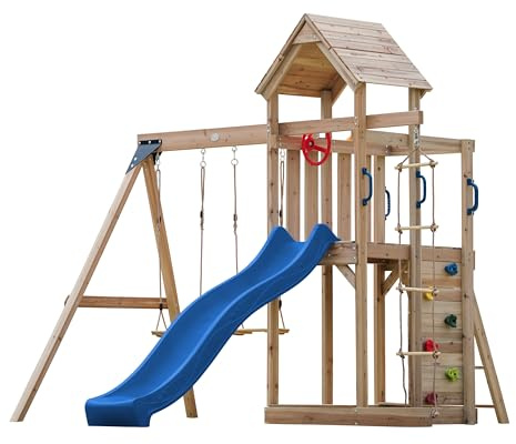 AXI Moos Casetta in Legno Bimbi completa con 2 altalene, scala di corda/Parco giochi all'aperto con altalene/sandbox/muro di arrampicata/scivolo Blu | Casetta in legno da esterno su palafitte