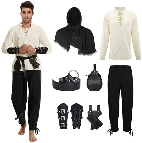 AJGEGJE Lot de 7 costumes médiévaux pour hommes - Costume de Renaissance pour hommes - Costume de viking médiéval avec chemise de pirate - Pantalon long, ceinture, sangle de poignet - Noir - Taille S