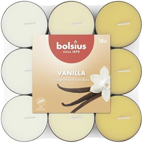 Bolsius - 18 Scented tealights - Vanilla - Burning time of 3.5 Hours - Diameter 38 mm - Natural extracts - Contains Vegan Wax - No Palm Oil