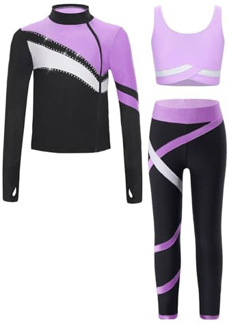 Jugaoge Mädchen Langarm Jacke Zipper Rollkragenshirt und Tank Top mit Lange Hose Gymnastik Turn Pants Streifen Turn Kleidung Set Helles Lila 158-164