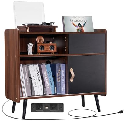 VEVOR Record Player Stand with Power Outlet, Turntable Stand Holds Up to 350 Albums, Record Player Table with Vintage Vinyl Record Storage for Living Room, Bedroom, Brown