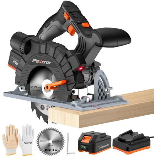Fexrror Sierra Circular 20V, Sierra Circular Bateria con Guía Láser, 4,0Ah Batería Cargador, 4000 RPM, Profundidad de Corte y Ángulo Ajustables Hasta 36mm (45°), 50mm (90°) para Madera, Metal,Plástico