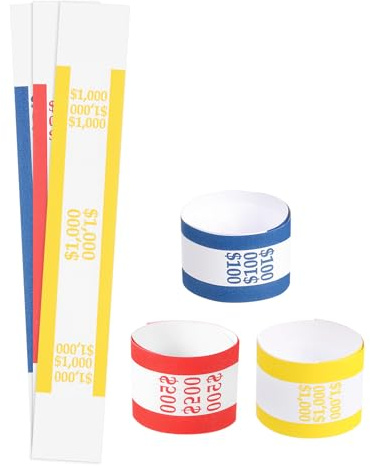 QUARKZMAN Pacco da 330 Fascette per Denaro, Involucri per Banconote Autoadesivi per Organizzare Banconote, 7.6x1.18 Pollici, Blu/Rosso/Giallo