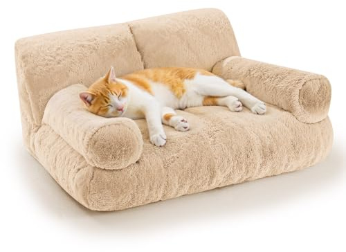 Gimars Divano Letto Grande per Gatti – 10 % di Imbottitura in più, Letto Ortopedico con Bordi Rialzati, Morbido, Lavabile, con Rivestimento Rimovibile e Base Antiscivolo,Colore tè latte