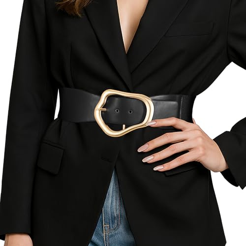 SUOSDEY Women Wide Elastic Waist Belt for Dresses Fashion Stretchy Leather Waistband Ladies Chunky Belt Gold Buckle