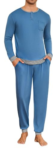 Leversic Pigiama Uomo Invernale Cotone Pigiami Due Pezzi con Scollo Rotondo, Maniche Lunghe, Top e Pantaloni con Tasches Morbido e Confortevole Blu+Grigio M