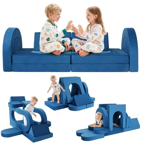 VIXLON 12 Pcs Modular Kids Play Couch, Toddler Couches That Fold Out, Plush Foam Chair for Children’s Playroom, Velvet Fabric Convertible Foam and Floor Cushion for Boys and Girls (Blue,07)