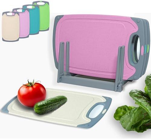 KPYTO Frühstücksbrettchen Set, 4 Brettchen in 4 Farben mit Ständer 24x14 cm spülmaschinenfest beidseitig rutschfest mit Saftrille und Griff Schneidebrettchen Kunststoff klein antibakteriell