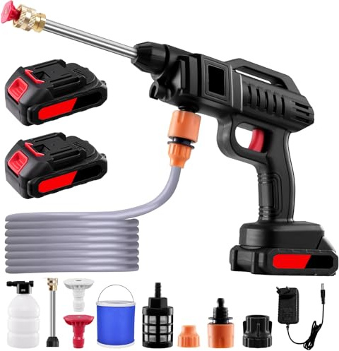 Teodute 21V 1500W Hidrolimpiadora Bateria, 60Bar Pistola de Agua a Presión, con 5M Manguera y 2 Boquillas, para Coche Patio Jardín Limpieza de Suelos Riego (con Cubo)