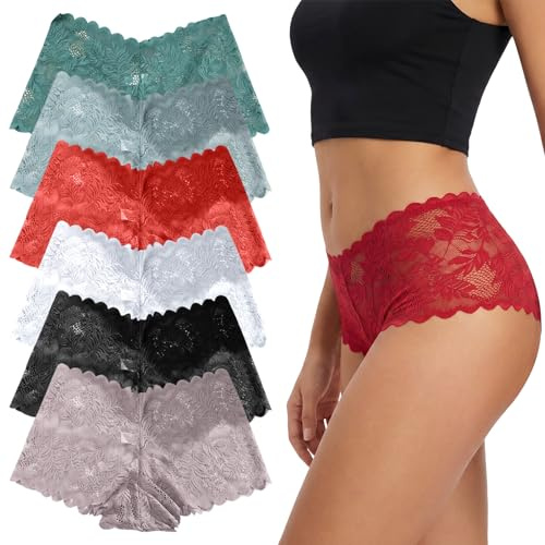 Gkhlg 6 Pack Lace Knickers for Women Soft Stretchy Floral Lace Mid Rise Full Coverage Ladies Underwear Multipack Comfort Breathable Knickers