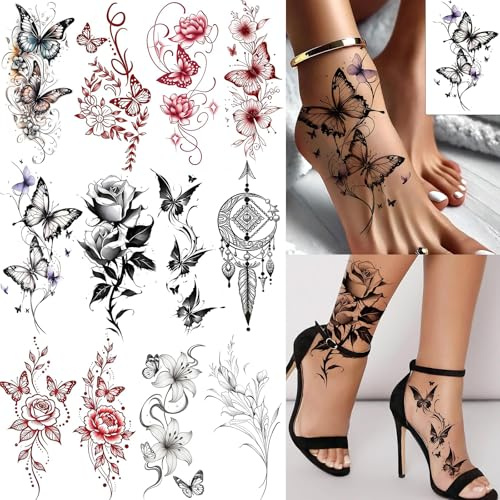 12Pcs Wunderschöne Temporäre Schmetterlings, Und Blumentattoos Pour Pieds, Mains Corps, Tatouages Réalistes de Roses et de Pivoines Autocollants Pour Jambes Chevilles, Temporaires Étanches