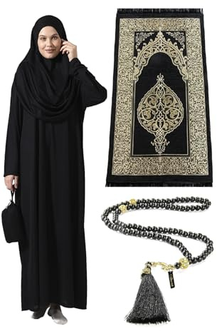 ihvan online Abiti musulmani da donna, abito da preghiera islamico a maniche lunghe, tappeto da preghiera e perline, set islamico, Nero, 3XL-6XL