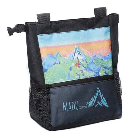 Madu Climb - Boulder Chalk Big Bucket - Bolsa grande de tiza autónoma con cierre magnético, forro polar, bolsillos con cremallera y soportes para cepillos - Diseño artístico azul