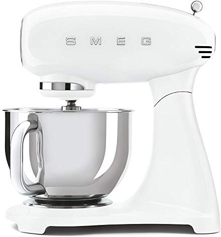 Smeg SMF03WHUK Full Colour Stand Mixer, Retro 50's Style with 4.8L Stainless Steel Bowl, Safety Lock, 10 Variable Speeds, 800W, White