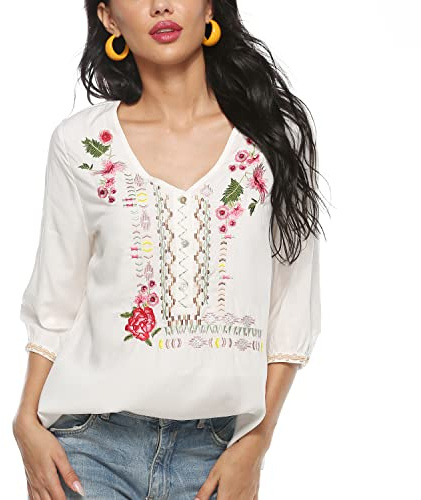Seasonal Woman's Mexican Traditional Embroidery Blouse Summer Hippie Peasant Tops V Neck 3/4 Sleeve Casual Loose Tunic