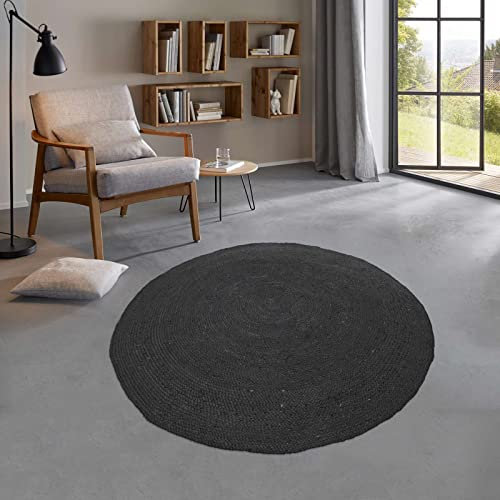 Taracarpet runder Jute Teppich Sisal Optik Kurzflor Boho modern für Wohnzimmer Schlafzimmer nachhaltig Natur-Teppich schwarz 100 cm rund
