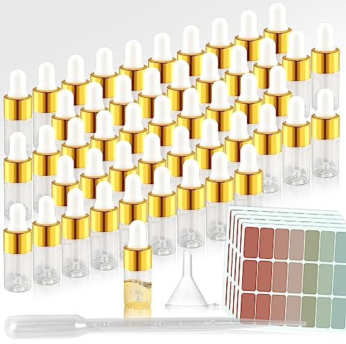 TUZHE 50 Stück Mini Pipettenflasche 3ml Transparente Glasflasche mit Tropfpipette Klarglas Tropfflasche für Ätherisches Öl,Aromatherapie, Massage, Duftöl Probe (Gold 3ml)