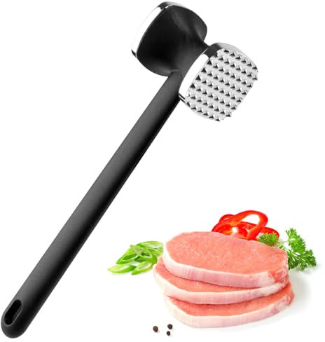 Deepton Fleischklopfer aus Zinklegierung, 24CM Doppelseitiger Schnitzelklopfer mit Rutschfestem Griff, Silber Fleischhammer, Steakhammer, Zartmacherhammer für Schnitzel, Rindfleisch, Huhn