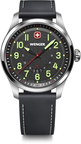Wenger Reloj de Pulsera de Hombre Terragraph, Ø 43 mm, Swiss Made, Cuarzo analógico, Sumergible hasta 100 m, Pulsera de Piel