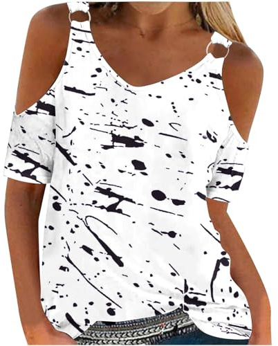 HAOLEI UK Clearance Cold Shoulder Tops for Women UK Elegant Sexy Floral Dressy Top Summer Off The Shoulder T-Shirt V-Neck Short Sleeve Tee Shirts Cute Vintage Print Boho Going Out Blouse Tunic