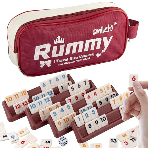 Mini Rummy Cube Six Player Edition, Reise-Rommé-Spiel-Set mit tragbarer Tasche, 160 Spielsteine, 6 Spielregale, 1 Würfel (2–6 Spieler)