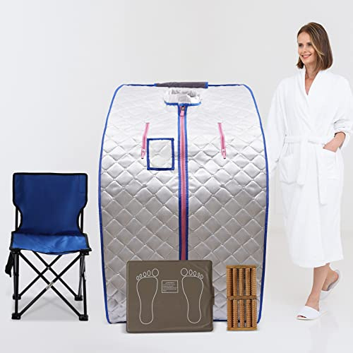 Portable Infrared Sauna Heater Home with Timer, Temperature Control, Remote, Chair & Foot Pad - Silver Personal Sauna Kit
