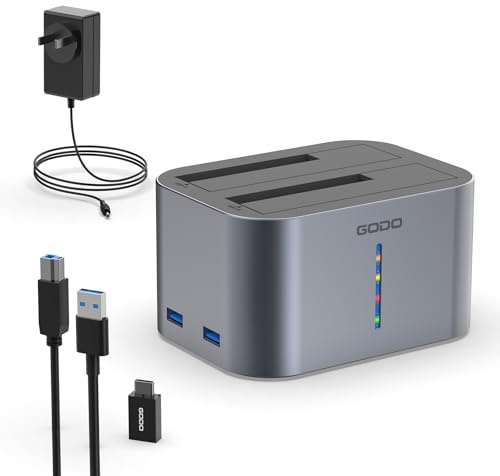 GODO Hard Drive Dock USB 3.0 to SATA I/II/III RGB Dual Bay Aluminum External Hard Drive Docking Station for 2.5 3.5 inch SATA HDD SSD Support UASP, 2x16TB + 2 USB3.0 Ports