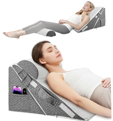 Bed Wedge Pillow, 12-in-1 Folding Memory Foam Sleeping Support Pillow with Headrest, Adjustable Incline Triangle Cushion for Acid Reflux, GERD, Back Pain, Snoring, Leg Elevation with Washable Cover