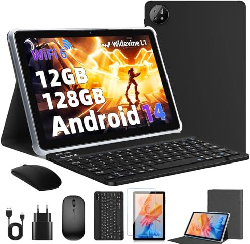 Rebecco Tablet 10 Zoll,Tablet Android 14 Bluetooth 5.4, 12GB RAM+128GB ROM (erweiterbar auf 1TB), Octa-Core Android 14, 1280x800 IPS HD Touchscreen, WiFi 6, Dual Kamera, 6000mAh, Widevine L1
