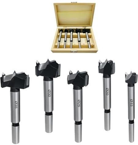 Set di punte Forstner TCT, 5 pezzi, punte piatte in acciaio al carbonio con punta in metallo duro, adatto per forature di lavorazione del legno,trapano a tazza, trapano per cerniere (Ø15-35mm）