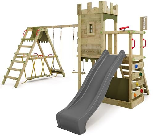 FATMOOSE Spielturm Ritterburg BoldBaron Boost XXL mit SurfSwing, Schaukel & anthraziter Rutsche, Outdoor Kinder Kletterturm mit Sandkasten Leiter & Spiel-Zubehör für den Garten