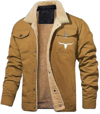 Generisch Giacca invernale da uomo stile retrò western con fodera in pile Sherpa, cappotto cargo in cotone, giacca con risvolto spesso, giacca invernale calda, marrone, M