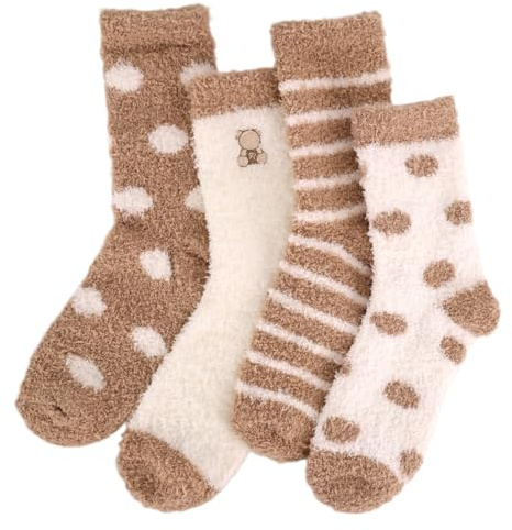 Zidoley Lot de 4 paires de chaussettes douillettes pour femme 39-42 - Chaussettes moelleuses en polaire corail (FR/ES, Numérique, 38, Taille normale, Taille normale, Brun clair)