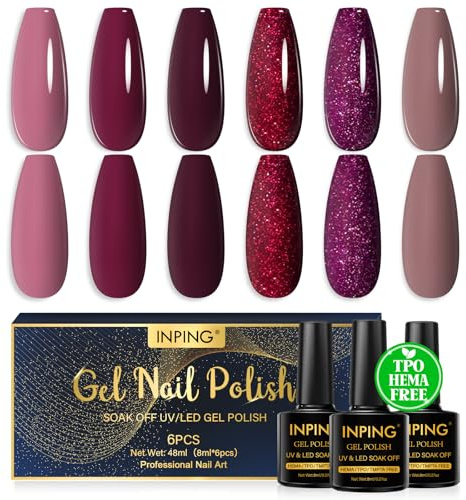 INPING Smalto Semipermante Unghie HEMA-FREE TPO-FREE, 6 Colori Glitter Rosso Scuro Viola Rosa Marrone Smalti Semipermanenti per Unghie, Gel Unghie Soak Off UV/LED DIY Nail Art Set, 8 ML