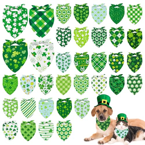 Whaline 36Pcs St. Patrick's Day Dog Bandana Triangle Pet Scarf Adjustable Puppy Neckerchief Green Shamrock Clover Plaid Dog Bib for Irish Holiday Medium Large Cat Costume Accessories