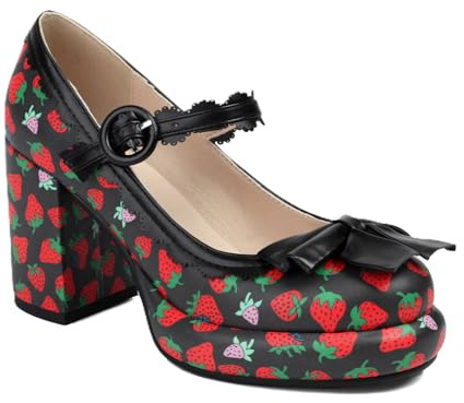 Zapatos De Tacón Mary Jane Mujer Plataforma Talón Grueso Estampado Fresa Lunares Bloque Color Lazo Retro Estilo Lolita Zapatos De Vestir Cómodos para Cosplay Fiesta Diario Moda Femenina