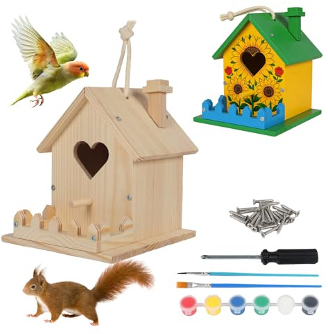 Wooden DIY Bird House Kit, Hanging Birdhouse Arts and Crafts for Kids and Adults to Build and Paint, Including Paints and Brushes, Outdoor Craft Set for Garden, Ecological Bird Protection (Style 2)