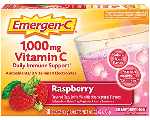 Alacer Boisson en poudre Emergen-C - Sachet de vitamine C, multi vitamines et compléments - Goût de framboise (30 sachets)