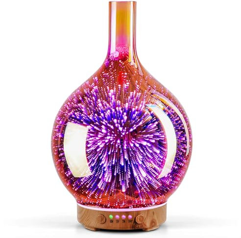Porseme 150ml Glass Essential Oil Diffuser, Night Light Handmade 3D Glass Ultrasonic Aroma Diffuser, 7 Color Changing Cool Mist Oil Diffuser with Timer, Waterless Auto-off for Home（Rosegold）