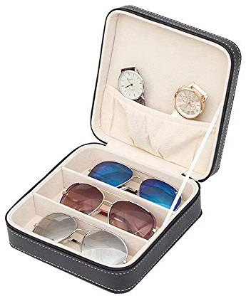 XelparucTS 3-Slot Travel Sunglass Organizer Collector - Faux Leather Jewelry Storage Case Box