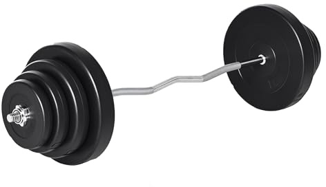 HOMCOM Barra de Pesas Curvada 70 kg Barra de Rizo Set de Musculación con 8 Discos de Pesos 2,5kg-15kg Intercambiables para Entrenamiento Culturismo en Gimnasio Casa 140x38,5x38,5 cm Negro