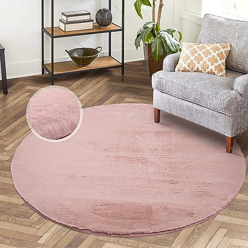 carpet city Hochflor Teppich Wohnzimmer - Einfarbig Rosa - 120x120 cm Rund - Super Soft Polyester, Samtig-Flauschiger Flor - Fell-Teppiche für Schlafzimmer, Esszimmer, Arbeitszimmer