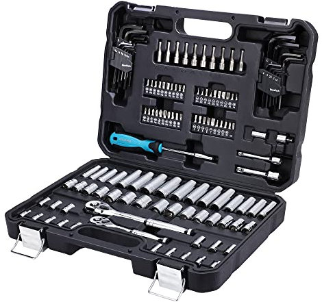 DURATECH 121-Piece Mechanics Tool Set, 1/4 and 3/8 Drive Socket Set, Cr-V Metric and Imperial Sockets, 72-Tooth Quick Release Ratchet, 40-in-1 Magnetic Screwdriver and Hex Keys with Carring Box