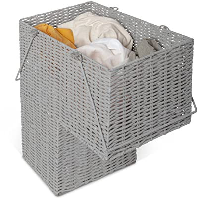 Vencier Natural Woven Wicker Resin Basket Made for Stairs - Storage Organiser For Laundry, Slippers, Shoes, Blankets, Toys – Easy to Carry (Grey)