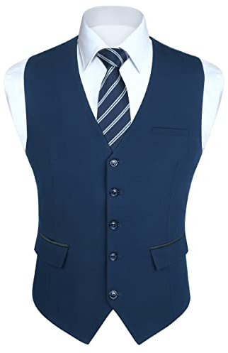 HISDERN Chaleco Traje Azul Marino Hombre Boda Chalecos de Vestir Original Chaleco Elegante de Fiesta Negocio con Bolsillos XL