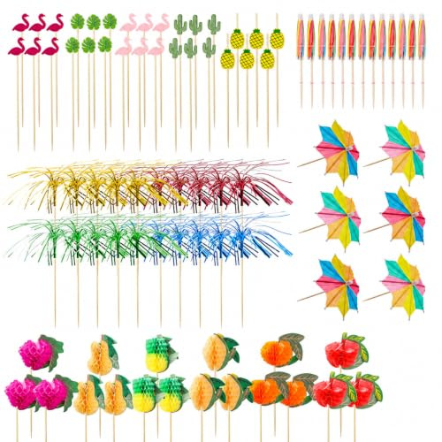 Set de 145 accessoires pour cocktail, décoration de cocktail, accessoires de fête polyvalents avec parapluies de cocktail colorés et canne en bambou, idéal pour les fêtes d'été et les anniversaires
